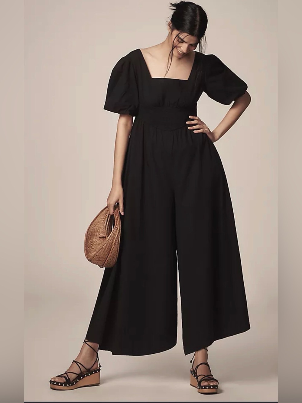 Maeve Anthropologie Black Puff Sleeve Midi Jumpsuit Cotton large
